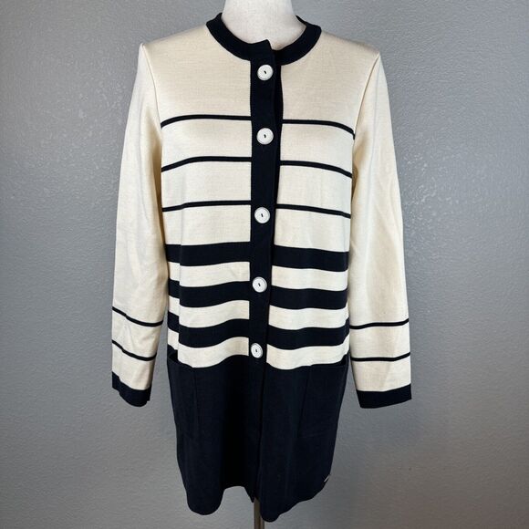 Saint James Sweaters - Saint James Womens Long Button Up Cardigan Size 8 Navy Ivory Stripe Wool Pockets